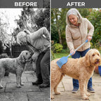 Bearback long reach pet scratching brush being used to groom a large dog without bending over.