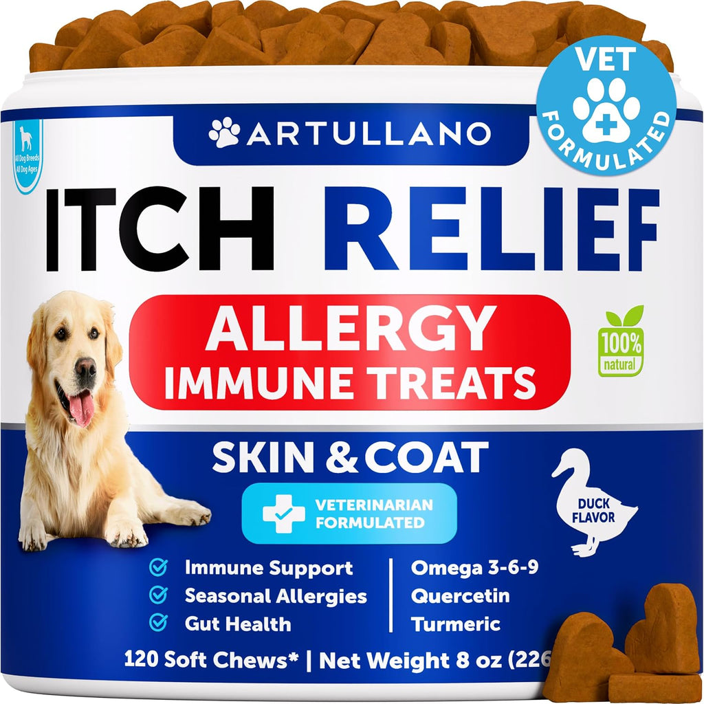 Artullano Dog Allergy Relief Chews front view packaging for canine skin health support.