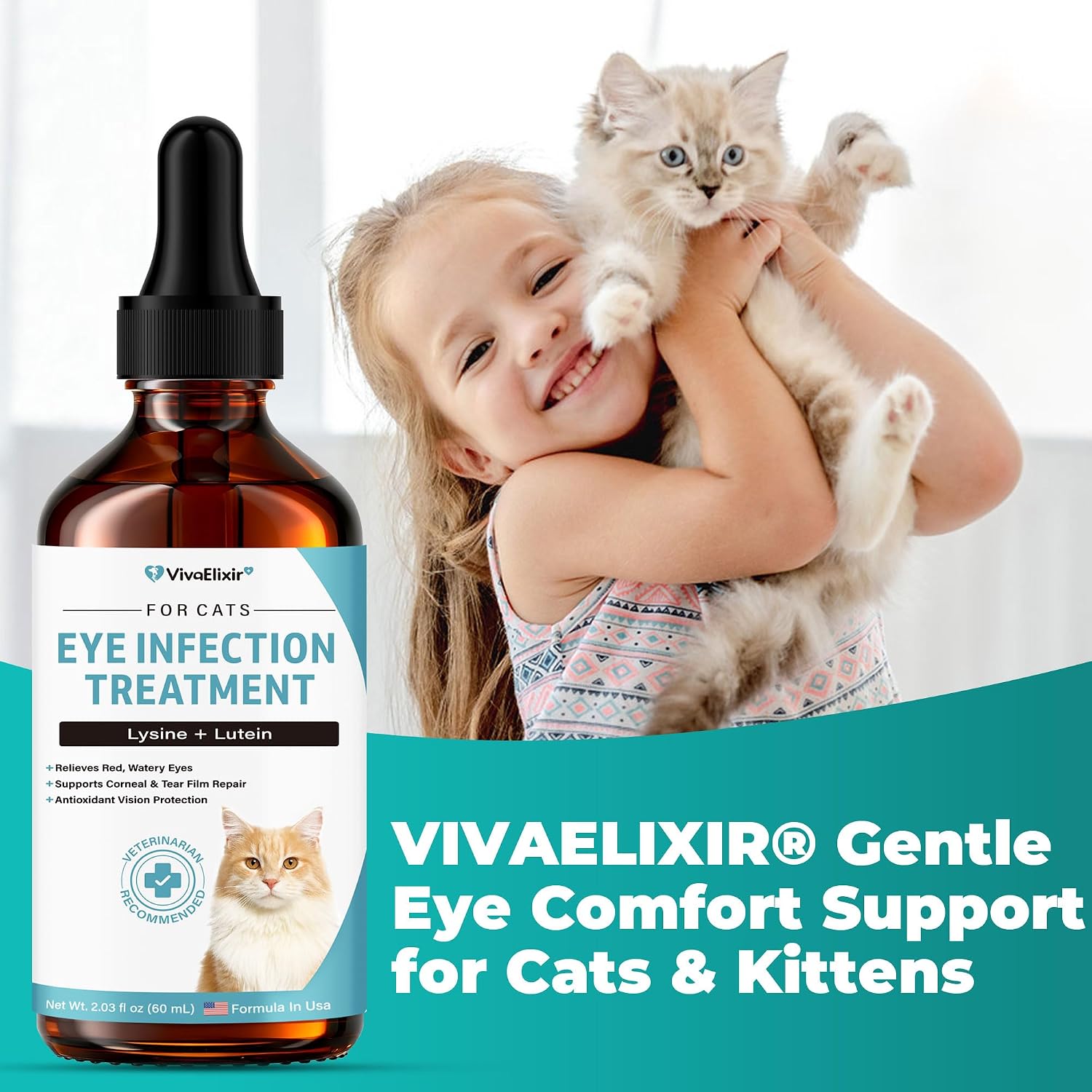 Natural plant-based pet eye health supplement bottle from VivaElixir for immune support