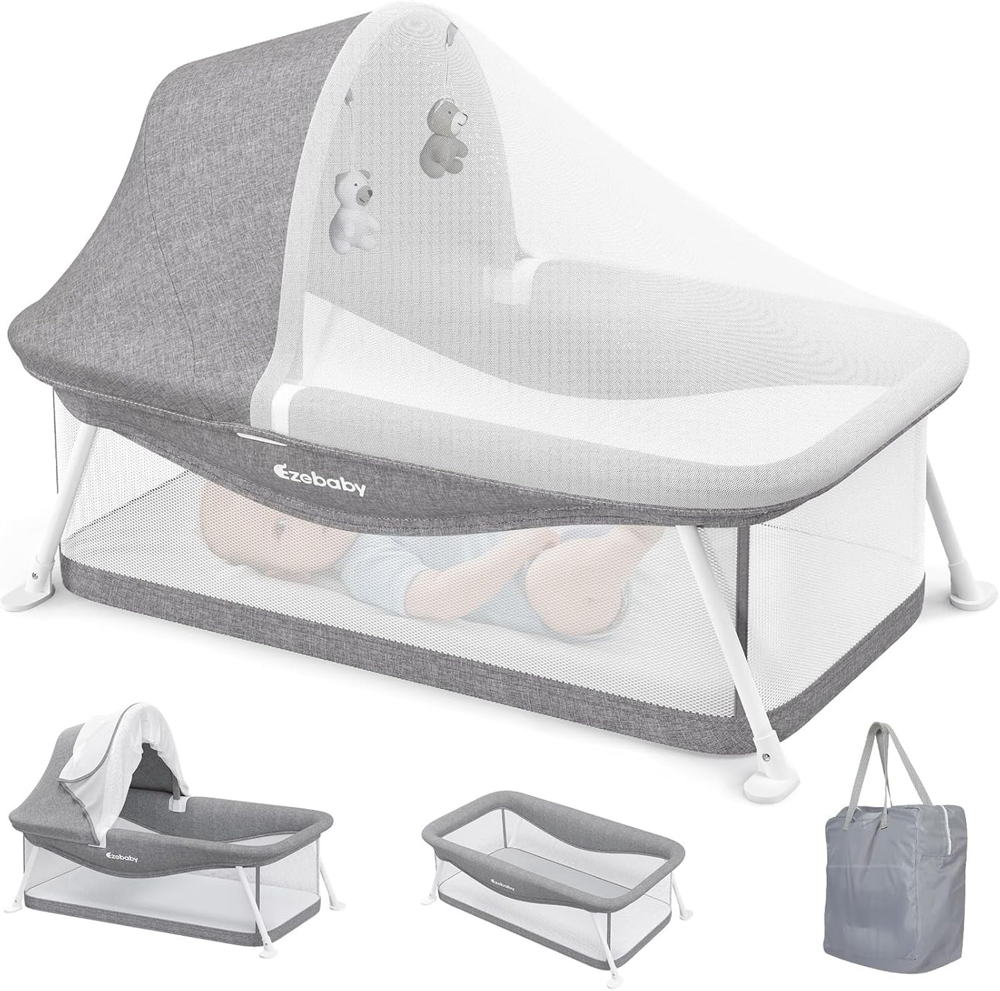 Ezebaby portable travel bassinet front view showing the grey mesh design and padded mattress.