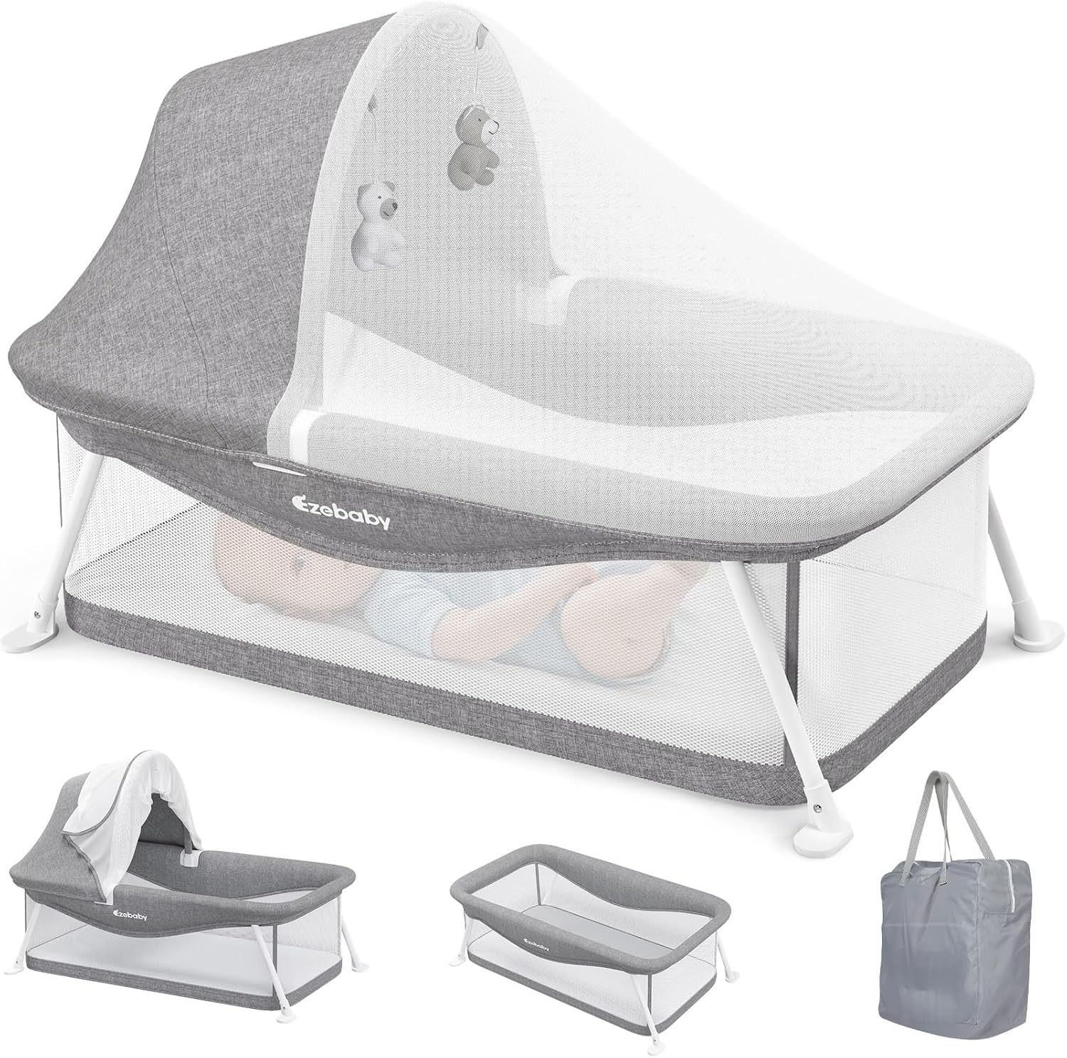 Ezebaby portable travel bassinet front view showing the grey mesh design and padded mattress.