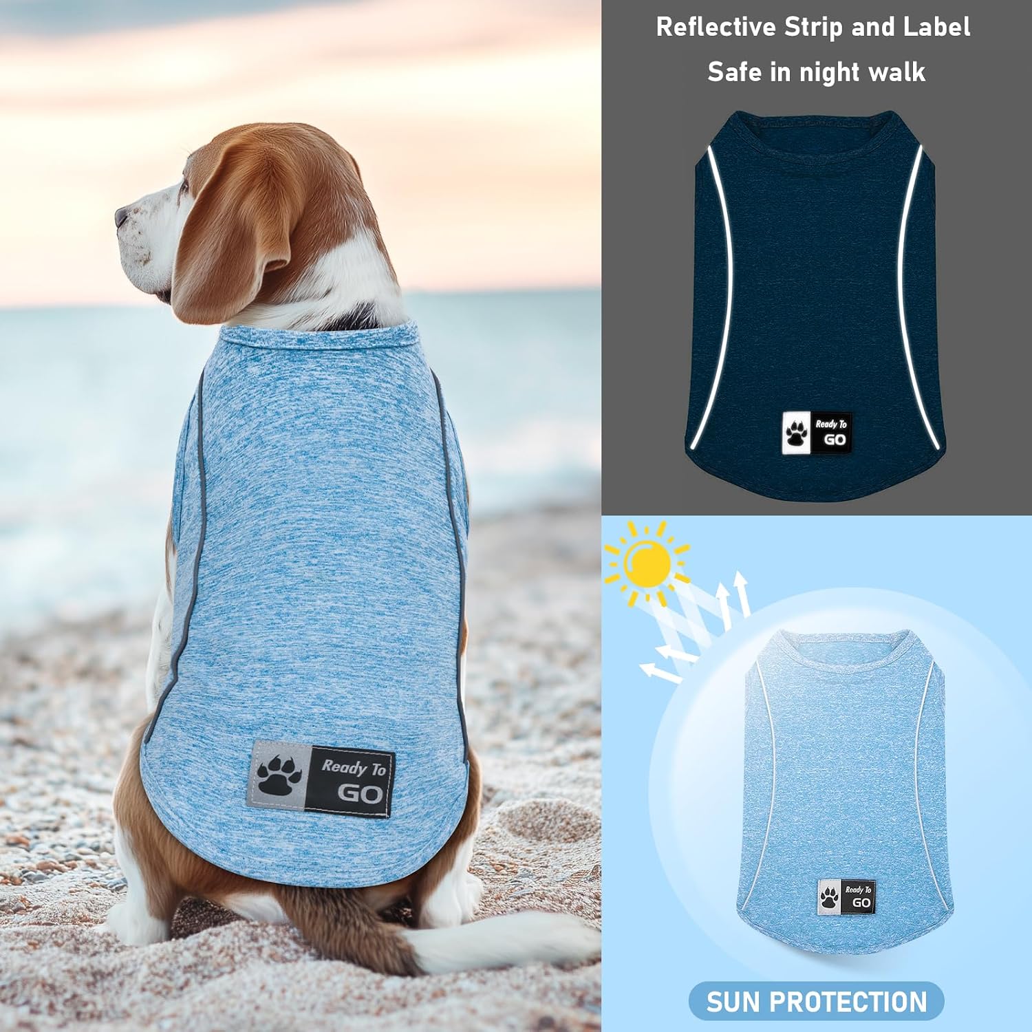 Side profile of blue Kyeese dog shirt with reflective stripe