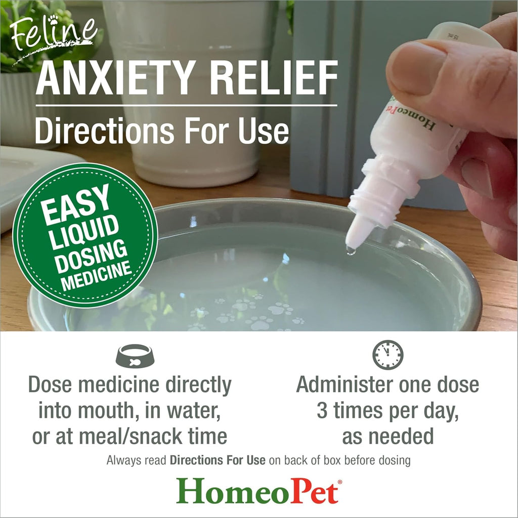 HomeoPet Feline Anxiety Relief fifteen milliliter bottle next to packaging box