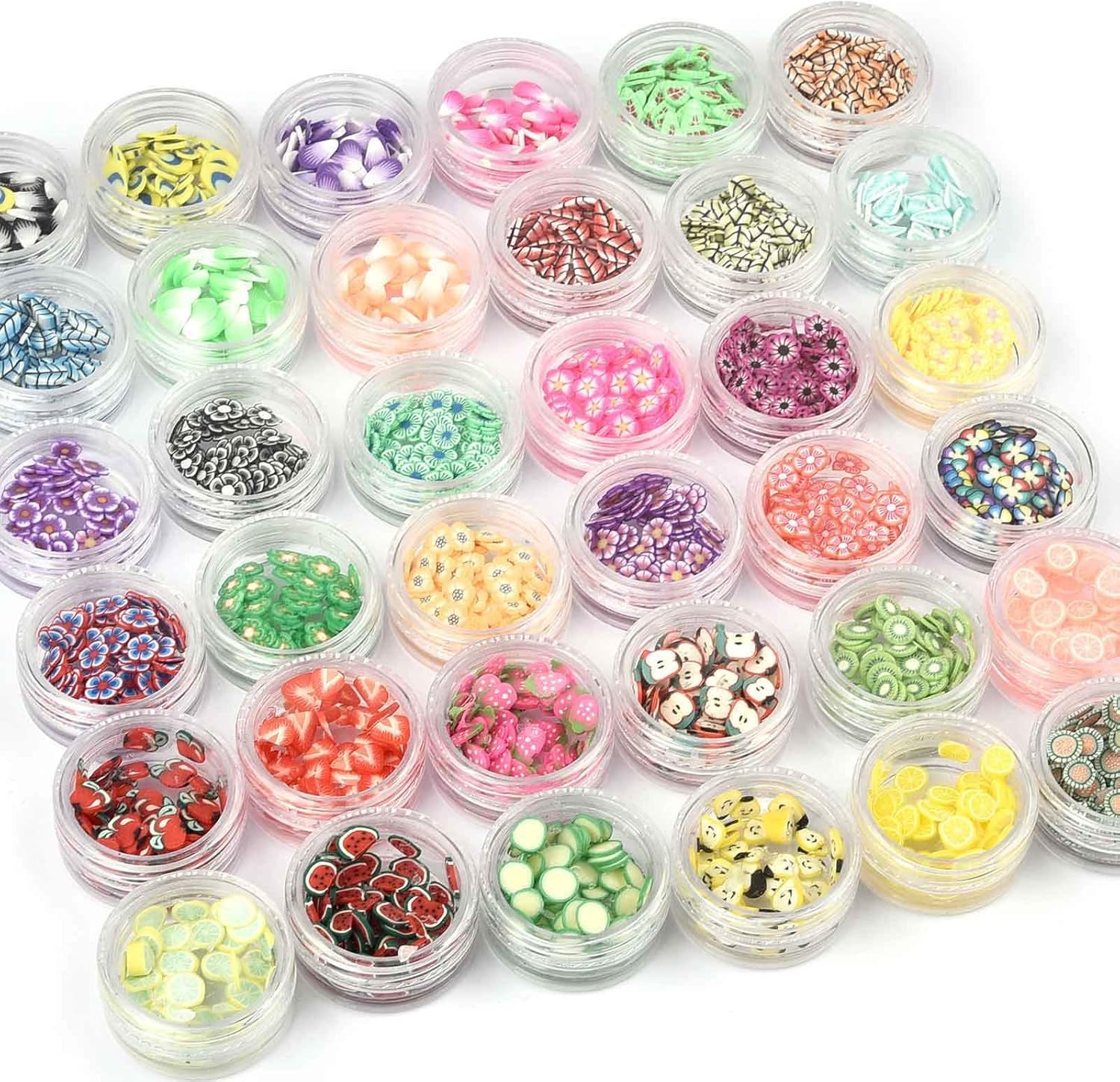 SEVENWELL 3D Tiny Fruit Flower Leaves Slice Charms front view of thirty-six colorful craft containers.