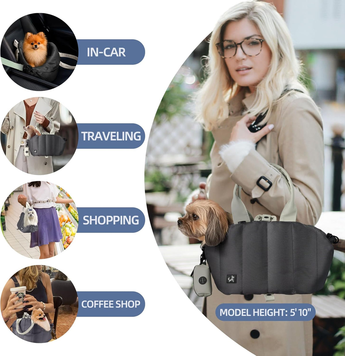 Sytopia dog travel tote showing safety leash and pockets