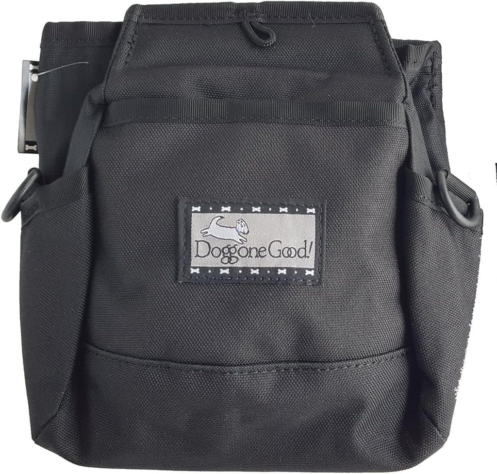 Doggone Good Rapid Rewards dog training pouch front view featuring embroidered logo and black fabric