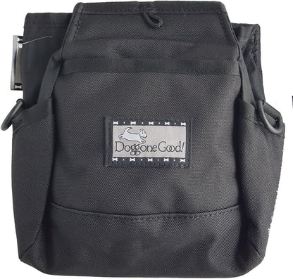Doggone Good Rapid Rewards dog training pouch front view featuring embroidered logo and black fabric