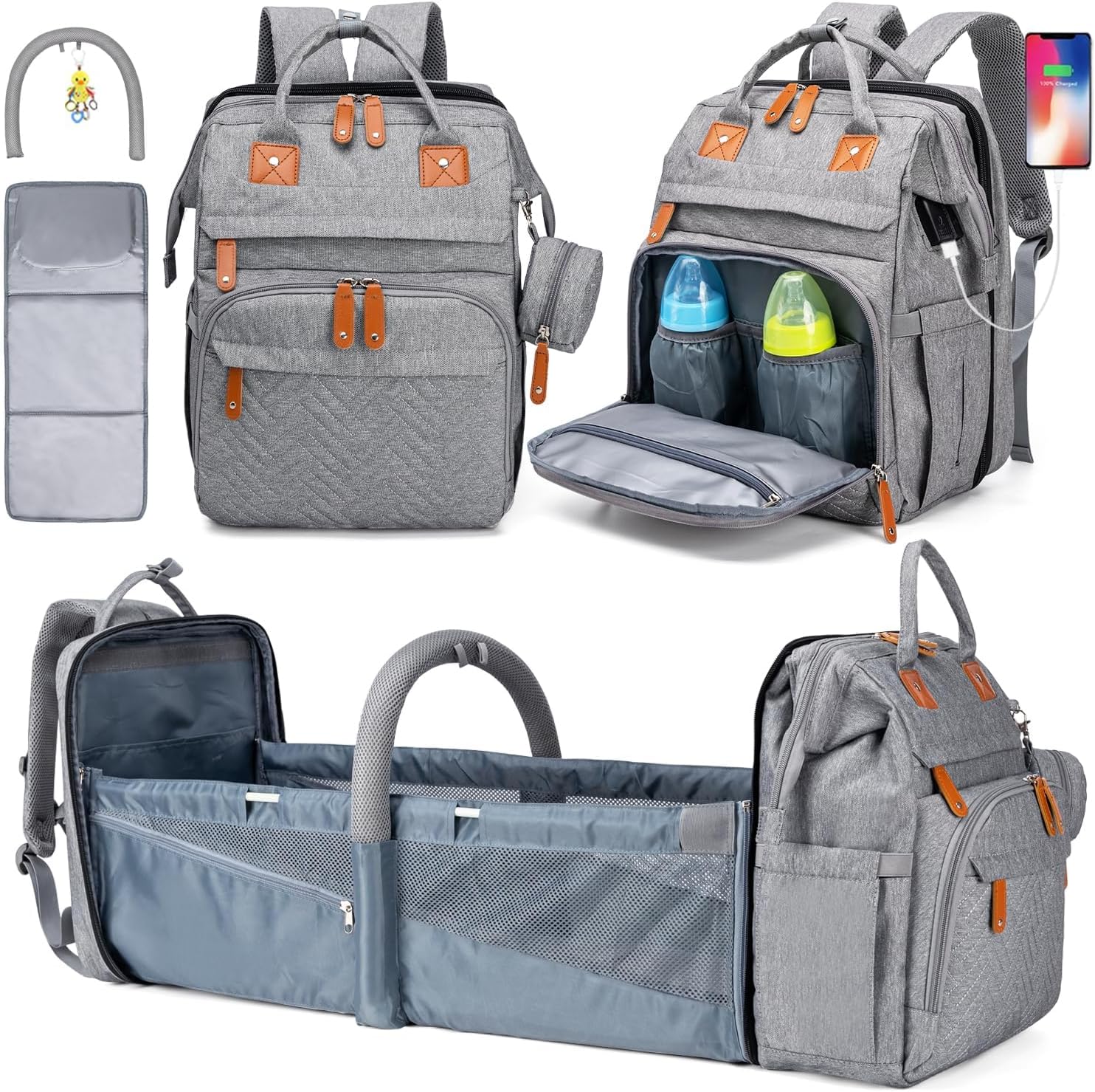 KABAQOO baby diaper bag backpack front view in grey