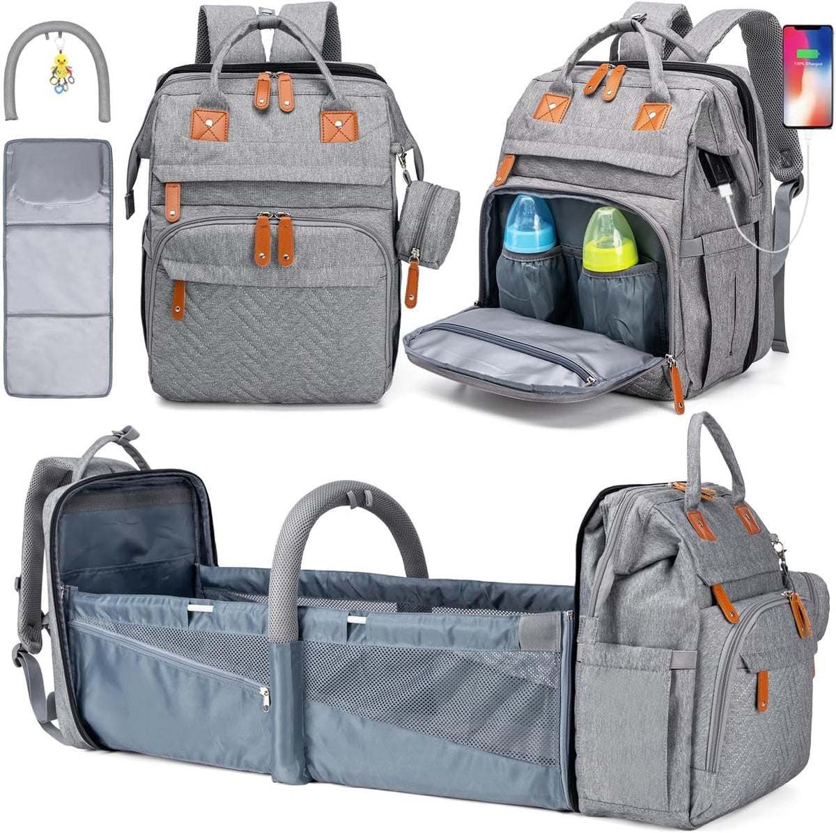 KABAQOO baby diaper bag backpack front view in grey