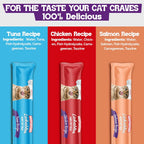 Beefeaters puree squeeze tubes featuring salmon tuna and chicken flavors