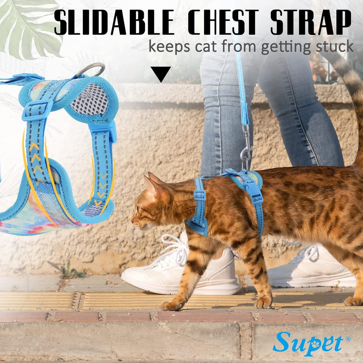 Supet breathable air mesh pet walking harness back view with leash attachment