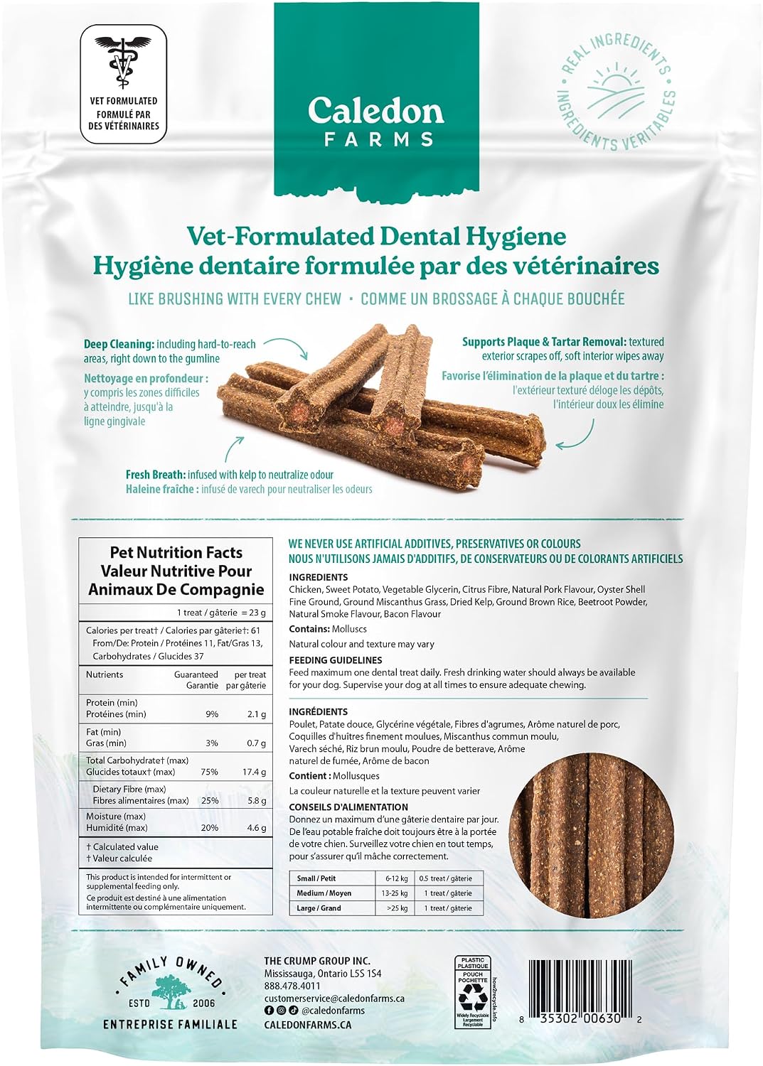 Caledon Farms triple action dog dental chews showing the unique star shape and dual texture.
