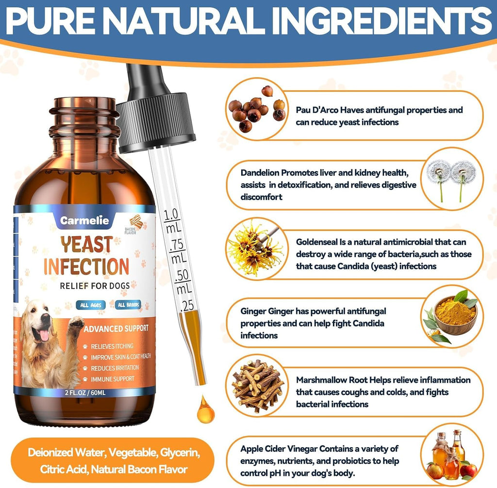 Carmelie canine dietary supplement bottle showing feeding directions
