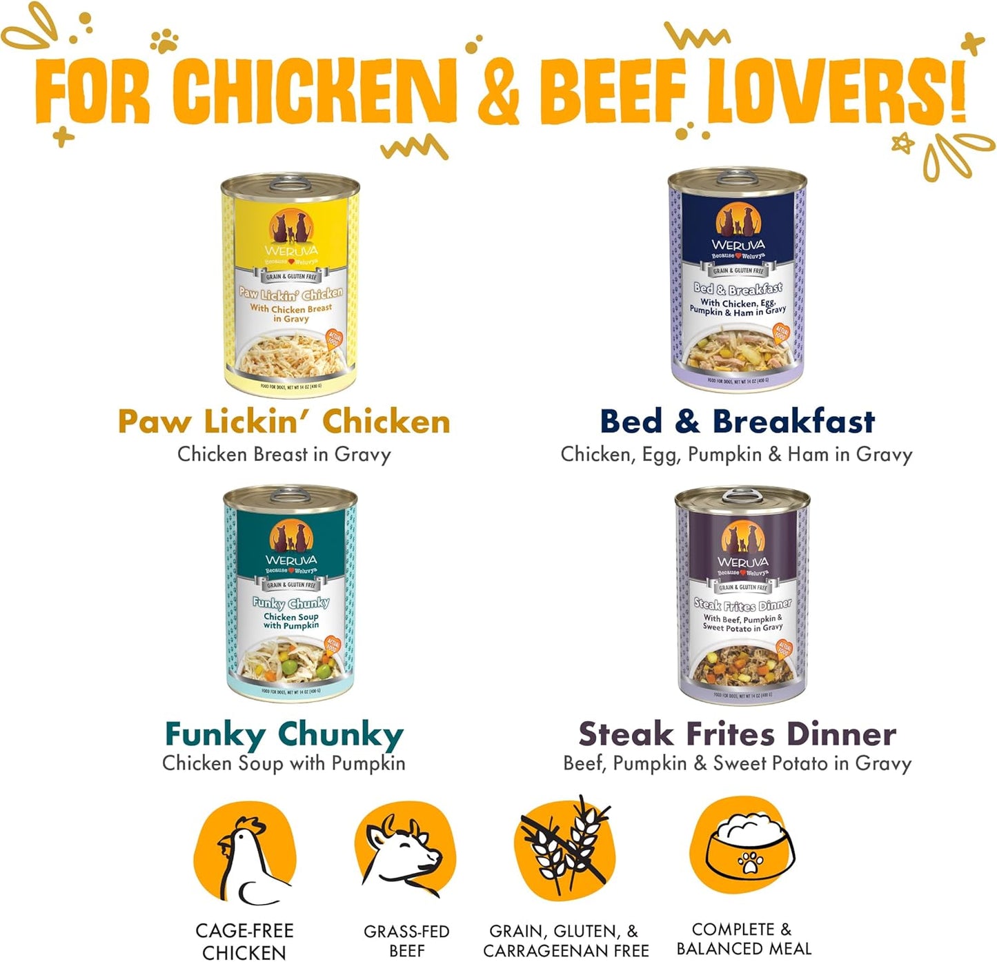 Weruva Funky Chunky grain free wet dog food can featuring chicken and pumpkin gravy.