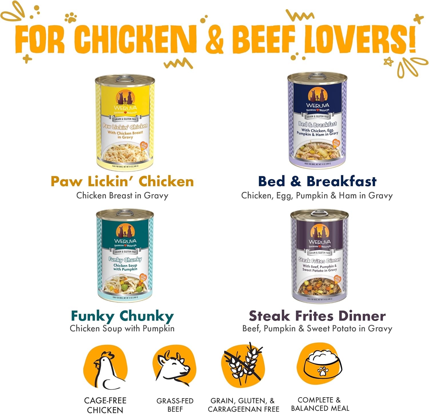 Weruva Funky Chunky grain free wet dog food can featuring chicken and pumpkin gravy.