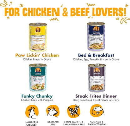 Weruva Funky Chunky grain free wet dog food can featuring chicken and pumpkin gravy.