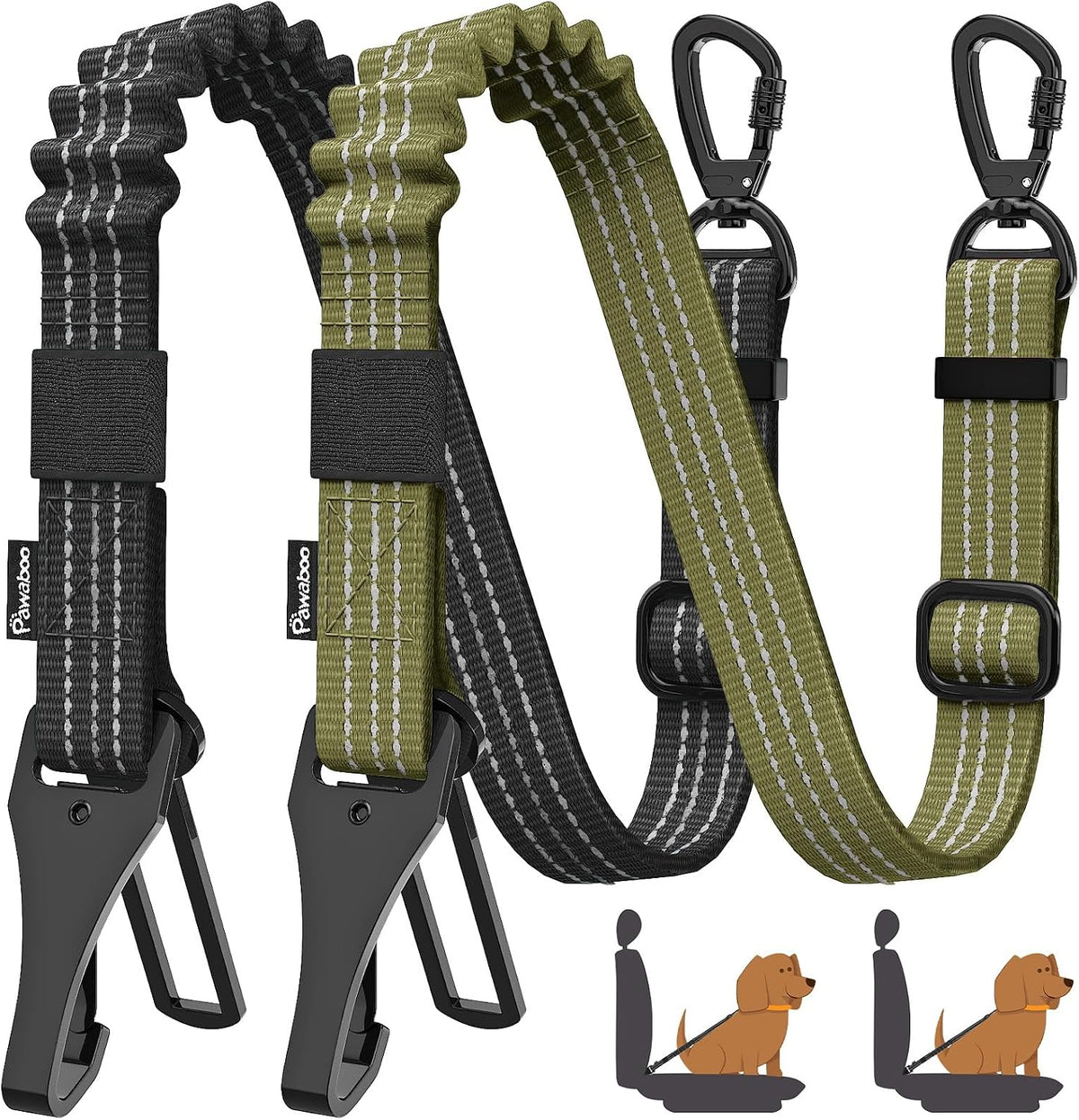 Pawaboo 2Pack Dog Seatbelt for Car,3-in-1 Dog Car Seat Belt Bungee,Shockproof Dogs Tether for Cars with Buckle&Hook Latch, Adjustable Reflective Dogs Cars Harness Leash with 360 degrees Lockable Buckle,Black - Image 10