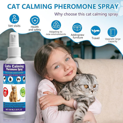 RNLBNMP feline calming spray bottle highlighting the F3 facial pheromone and valerian extract ingredients