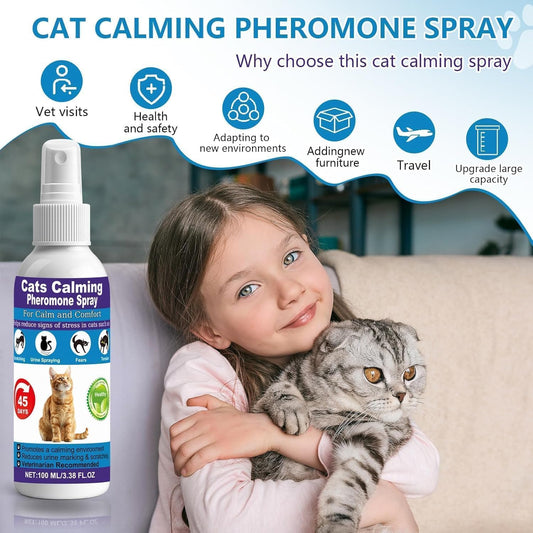 RNLBNMP feline calming spray bottle highlighting the F3 facial pheromone and valerian extract ingredients