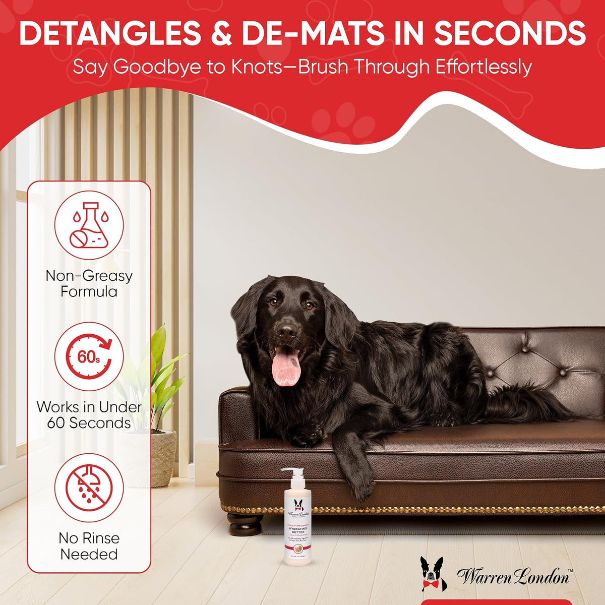 Dog leave-in conditioner lotion by Warren London for dry skin and coat care