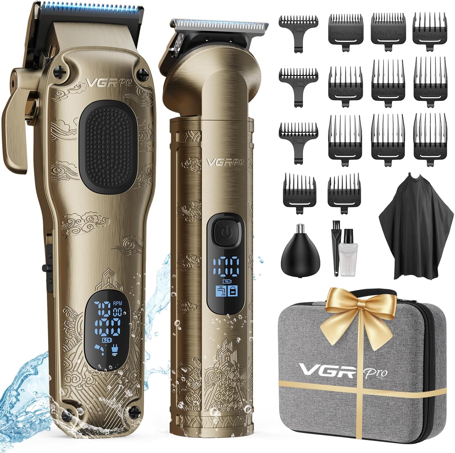 VGRPRO professional cordless hair clippers front view displaying the antique bronze metal body and digital LED screen.