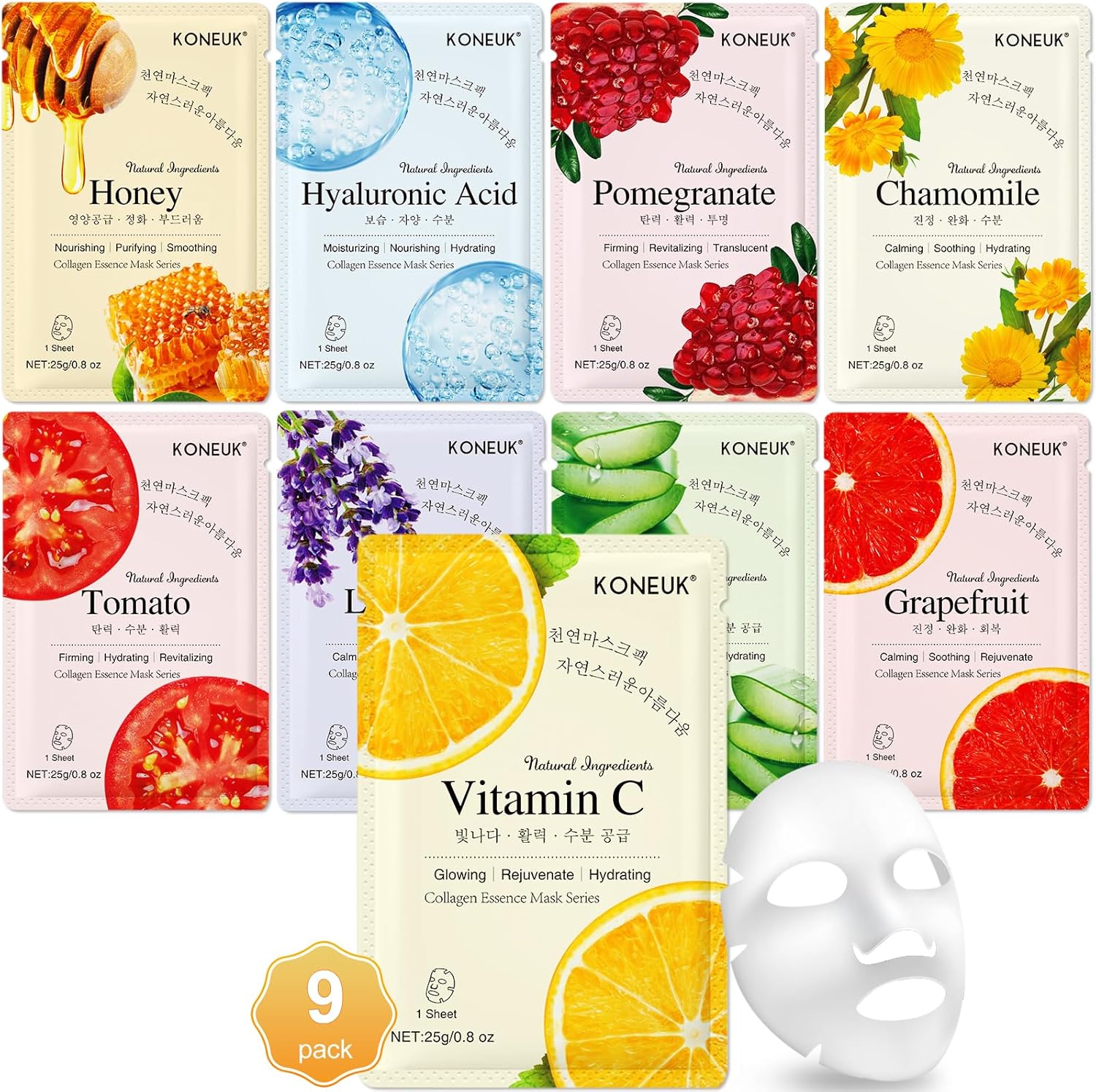 KONEUK 9 Pack Collagen Face Masks variety set showing individual ingredient packs
