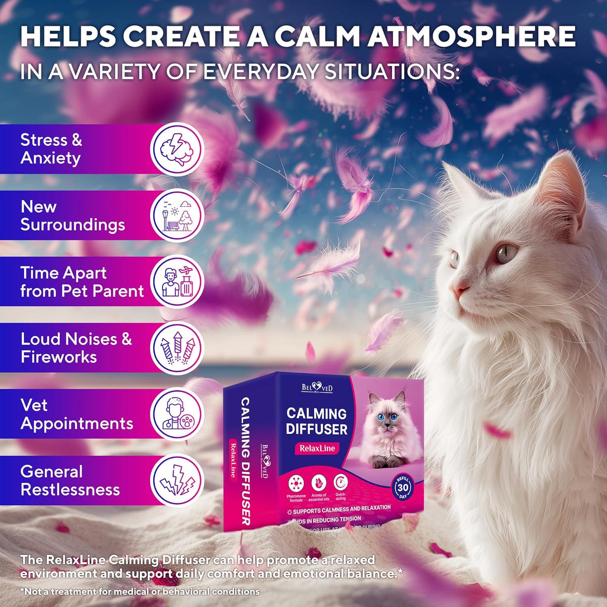 Feline anti anxiety plug in device with refill bottle attached on a white background.