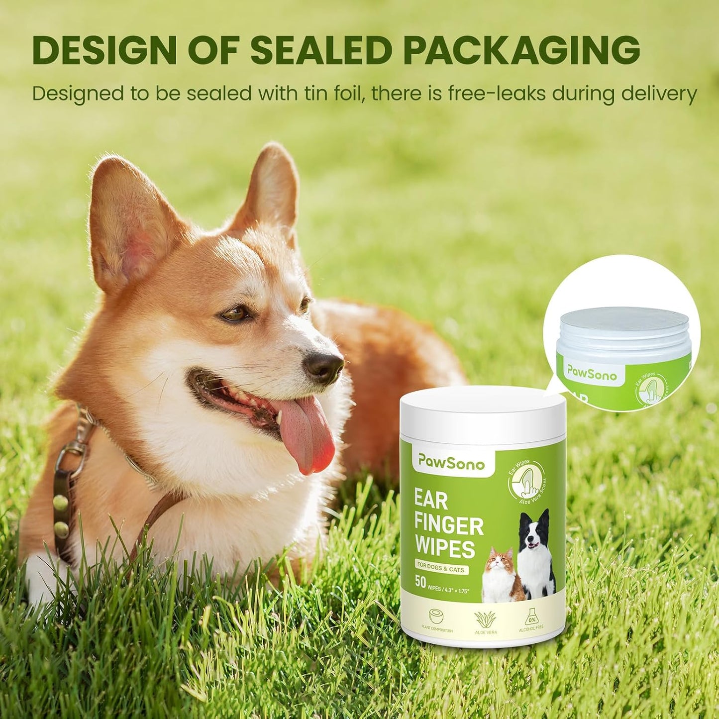 PawSono aloe scented pet ear wipes for grooming