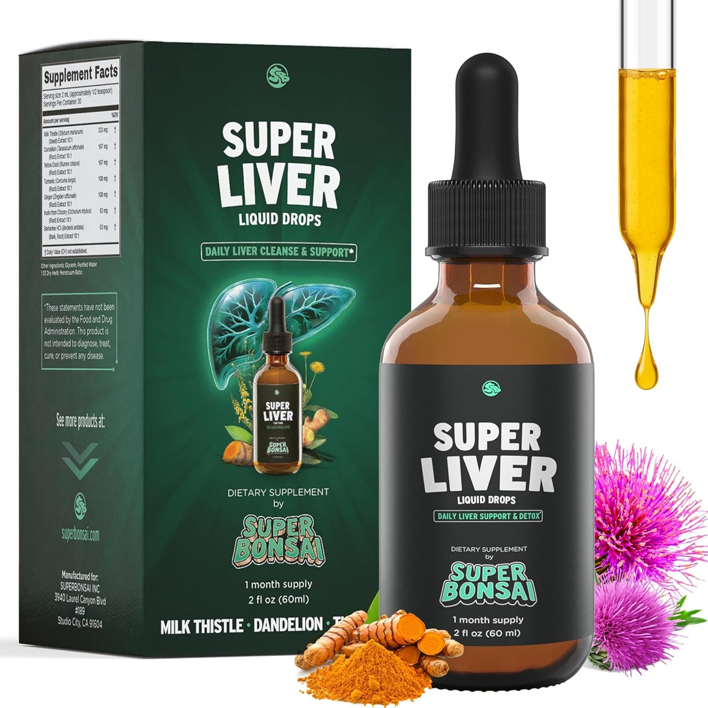 SuperBonsai Super Liver Support Liquid front view showing the 2 Fluid Ounce premium herbal tincture bottle.