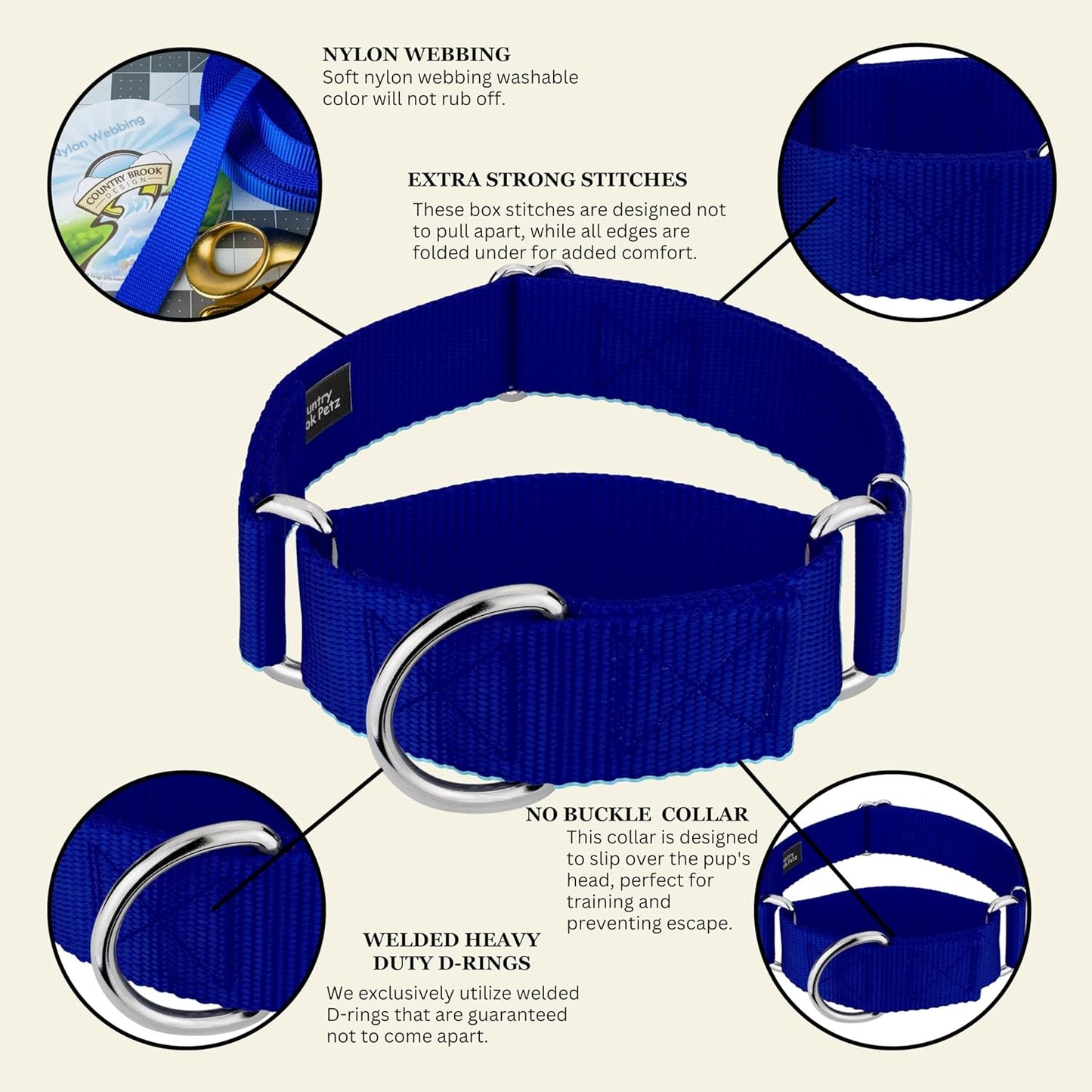 No-slip martingale collar side angle displaying mirror-like metal rings