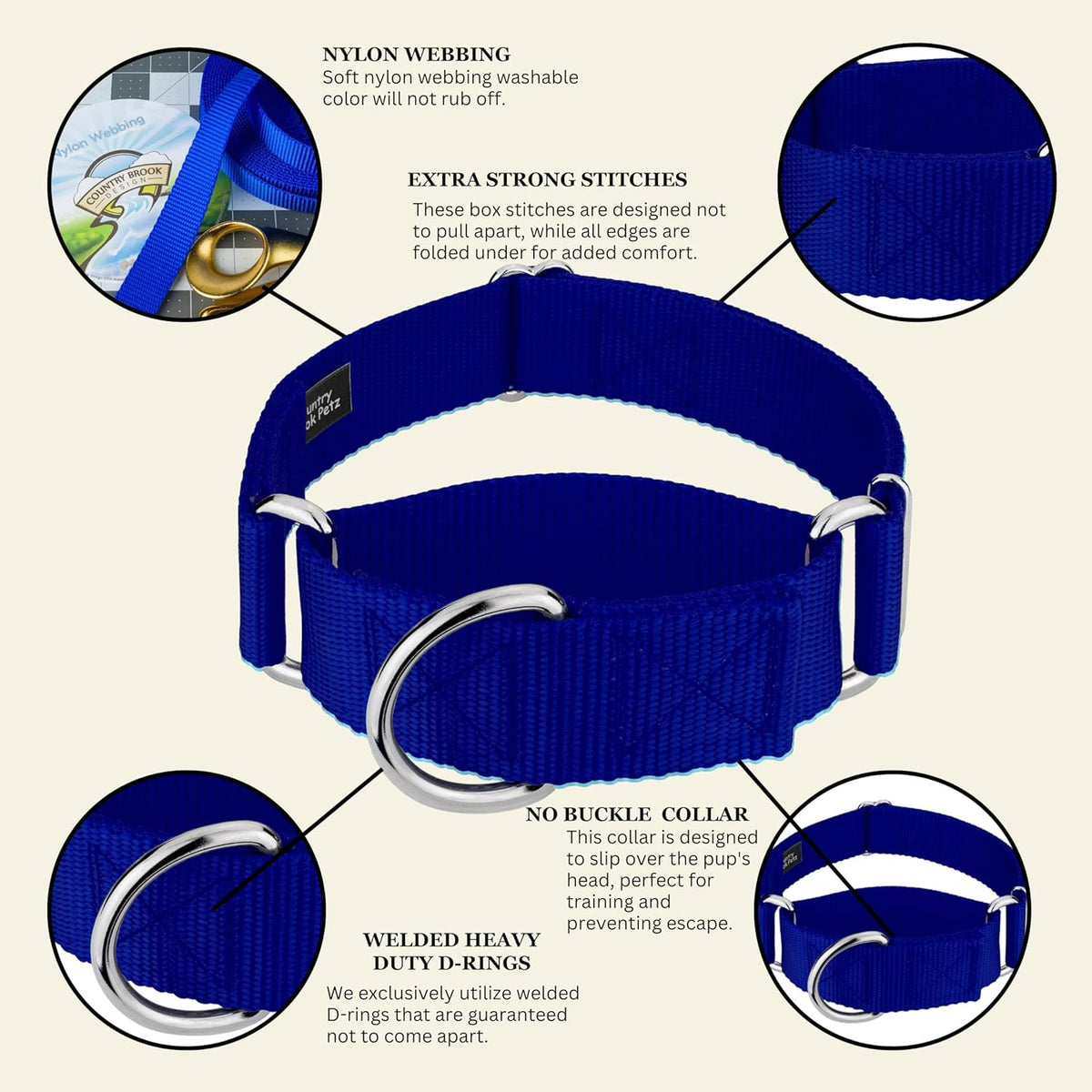 No-slip martingale collar side angle displaying mirror-like metal rings