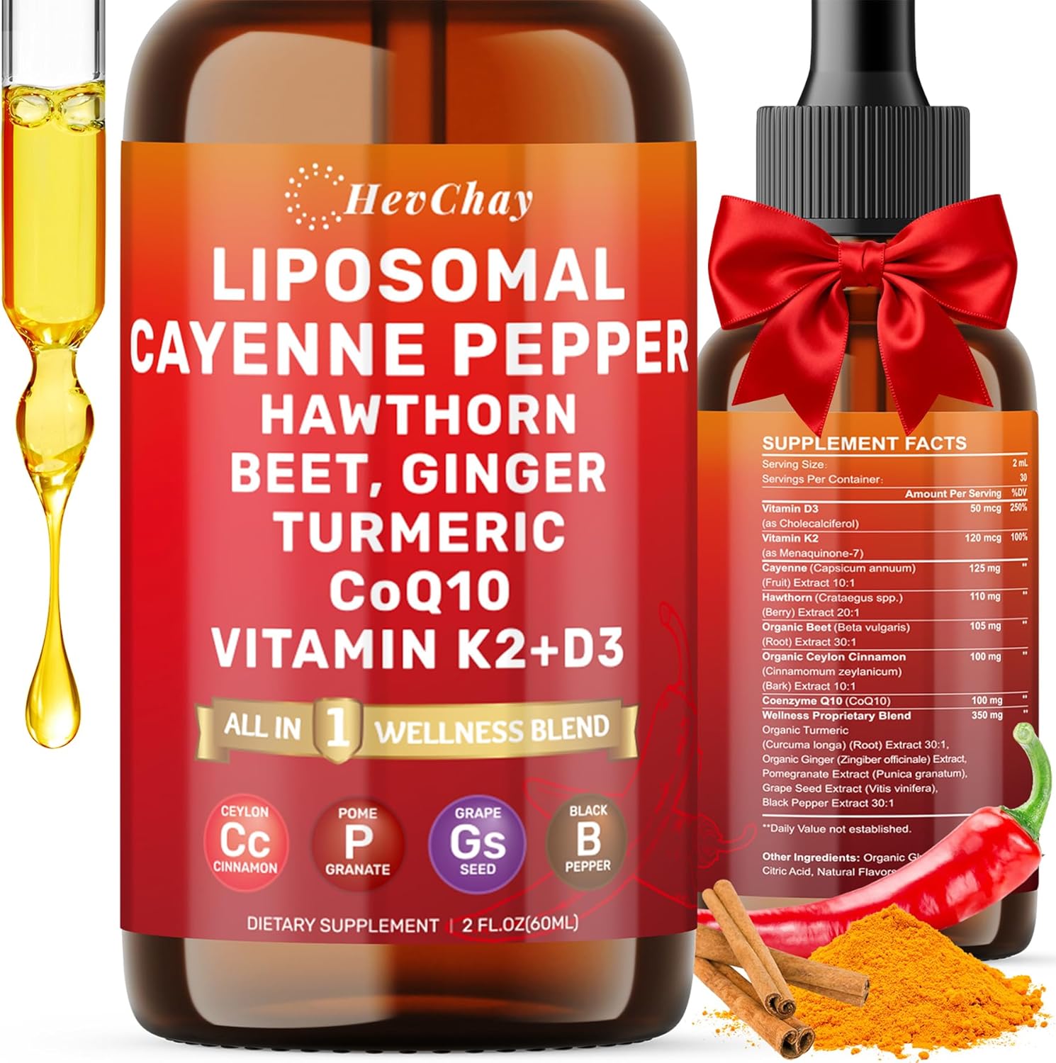 HevChay Liposomal Cayenne Pepper Drops front view bottle