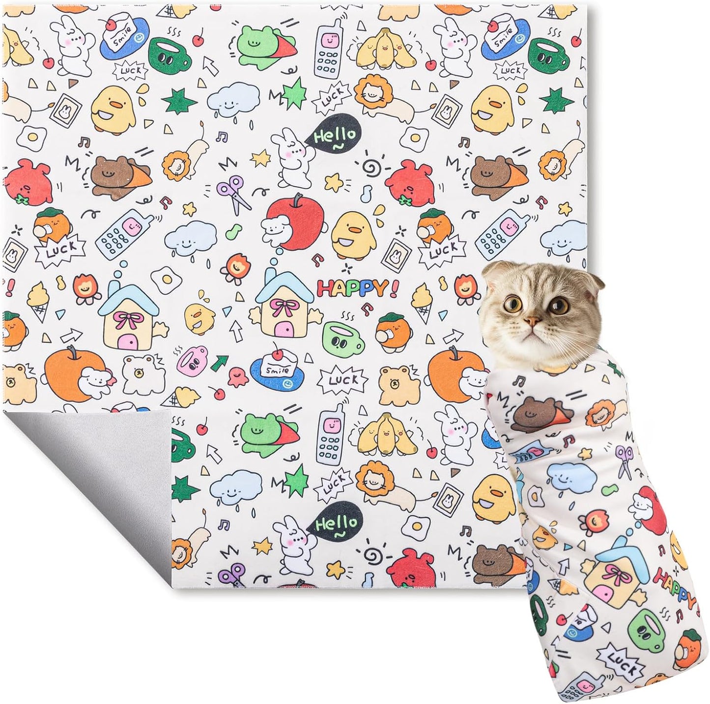 Sinfun Ondware cat grooming wrap front view showing self adhesive fabric restraint.