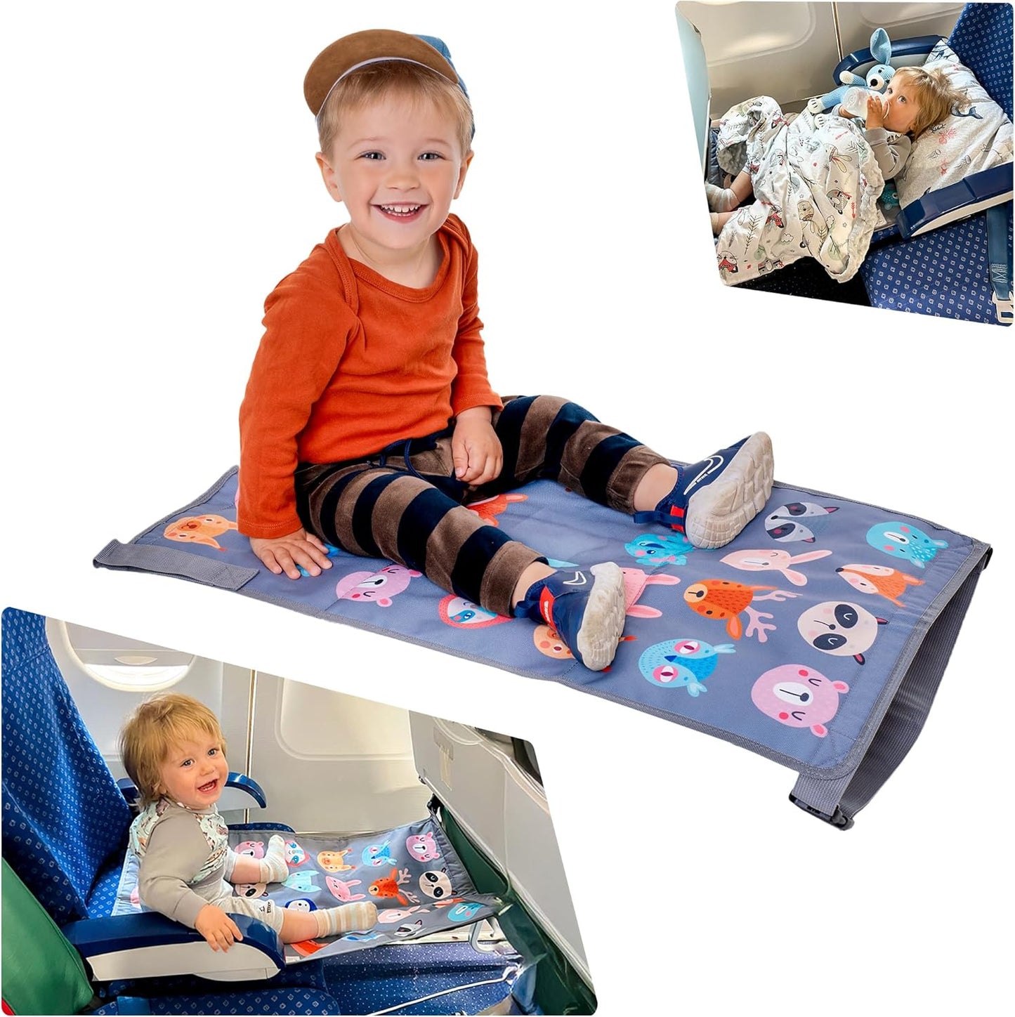Little Traveler Toddler Airplane Bed front view installed on an aircraft seat