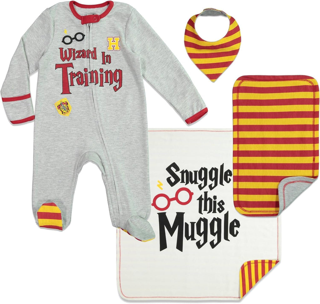 Harry Potter baby zip up sleep and play coverall four piece set front view