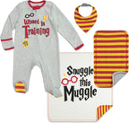 Harry Potter baby zip up sleep and play coverall four piece set front view