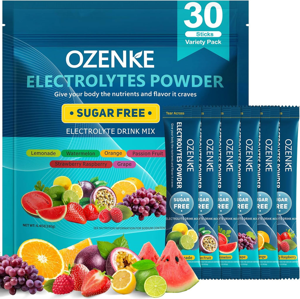 OZENKE Electrolytes Powder 30 Sticks variety pack front view for rapid hydration.