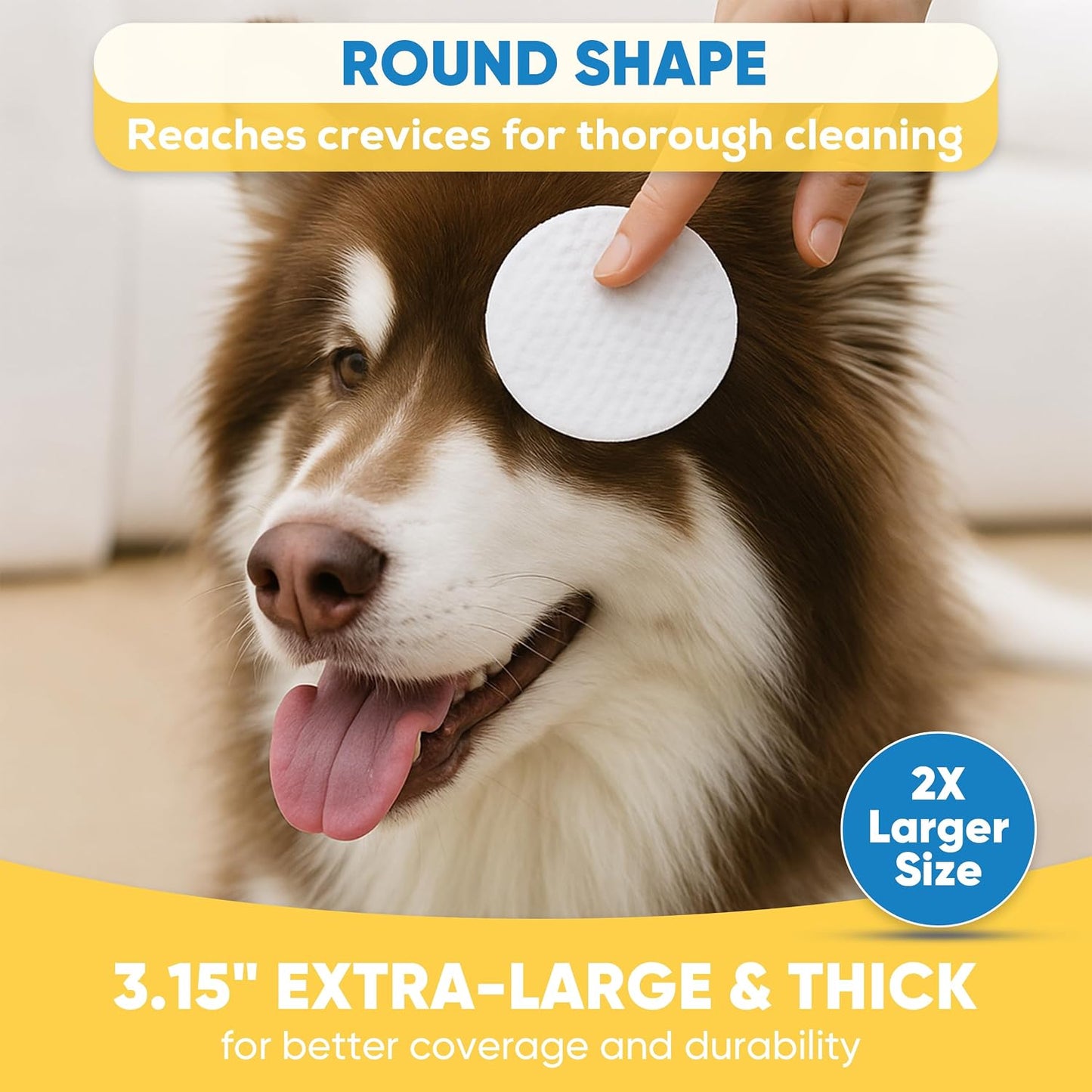 Demonstration of using the large cotton pad to clean a dog's eye discharge.