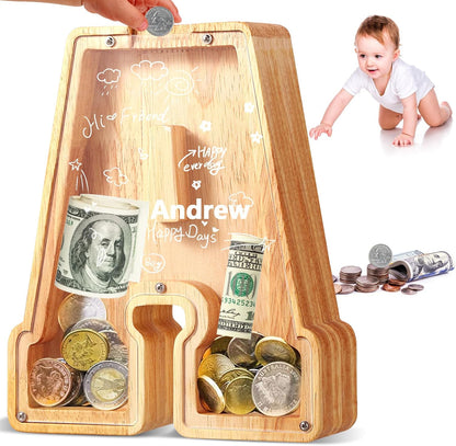 UBeesize Letter Piggy Bank front view of wooden alphabet letter A money box