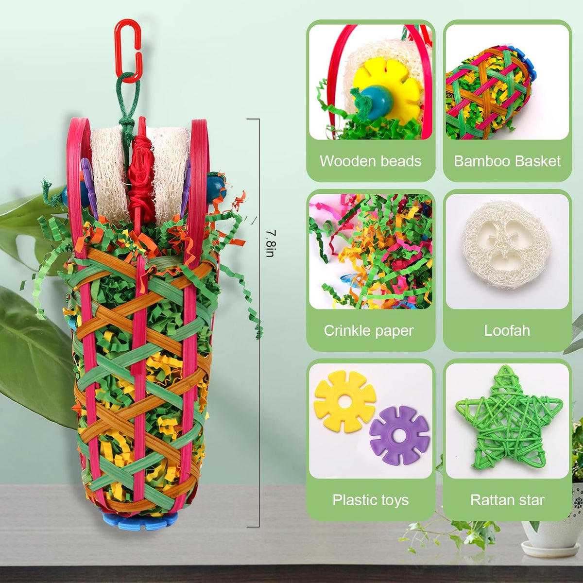 Kyouki bird toys showing natural loofah and willow vine details