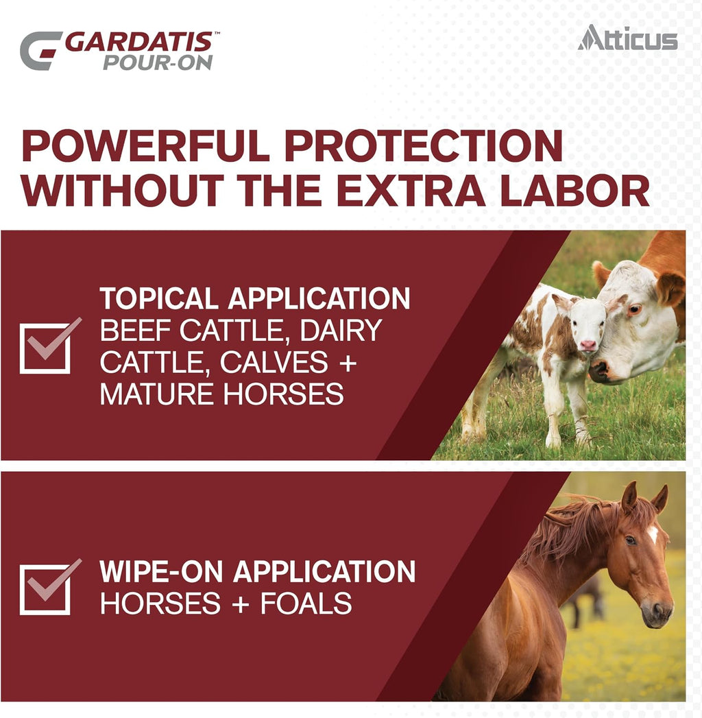Back label view of Atticus Gardatis with comprehensive cattle and horse dosage charts