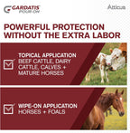 Back label view of Atticus Gardatis with comprehensive cattle and horse dosage charts