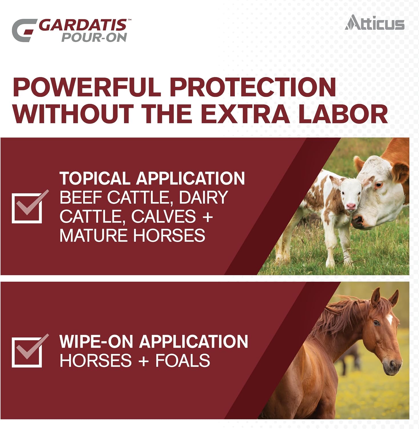 Back label view of Atticus Gardatis with comprehensive cattle and horse dosage charts