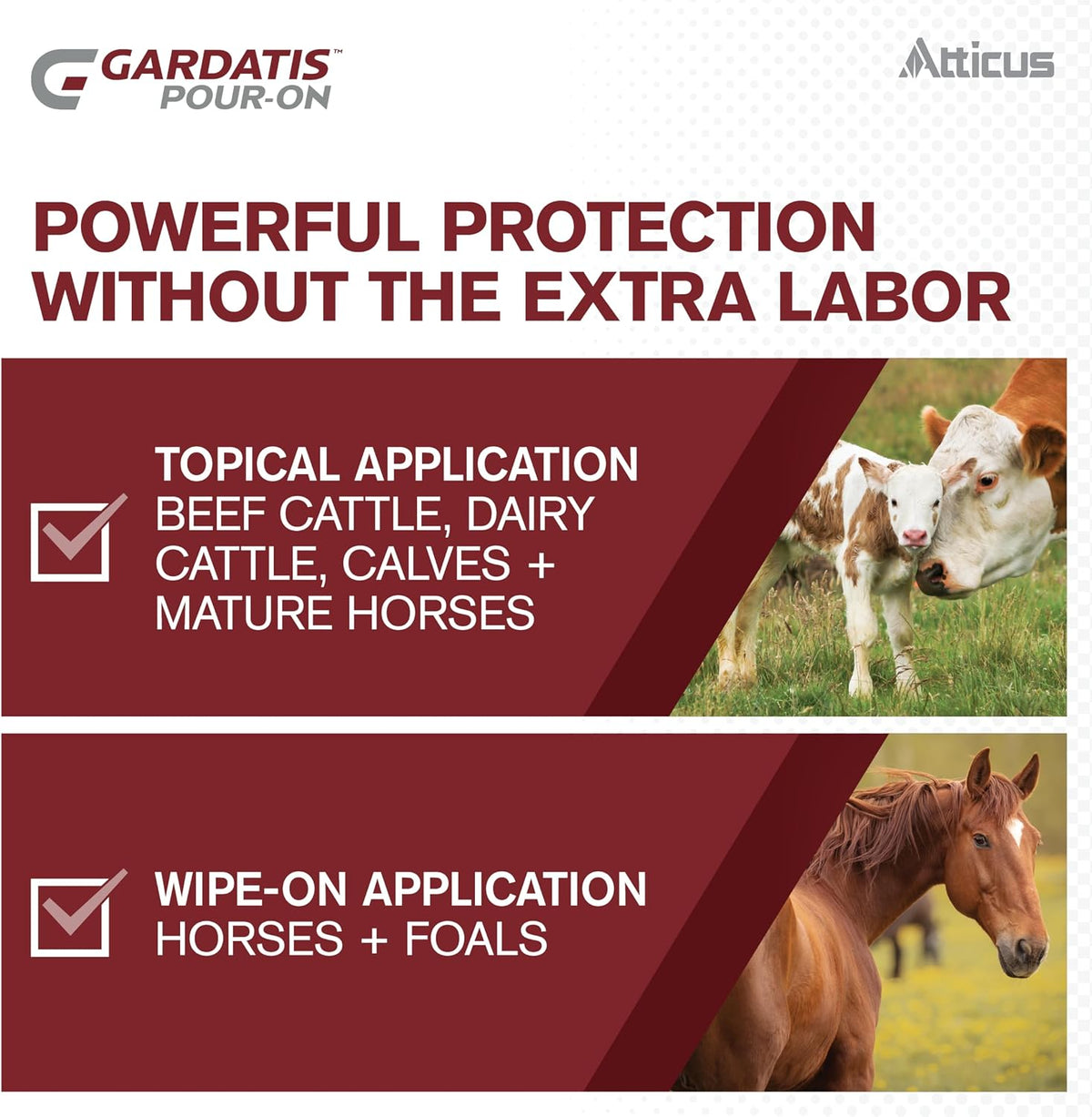 Back label view of Atticus Gardatis with comprehensive cattle and horse dosage charts