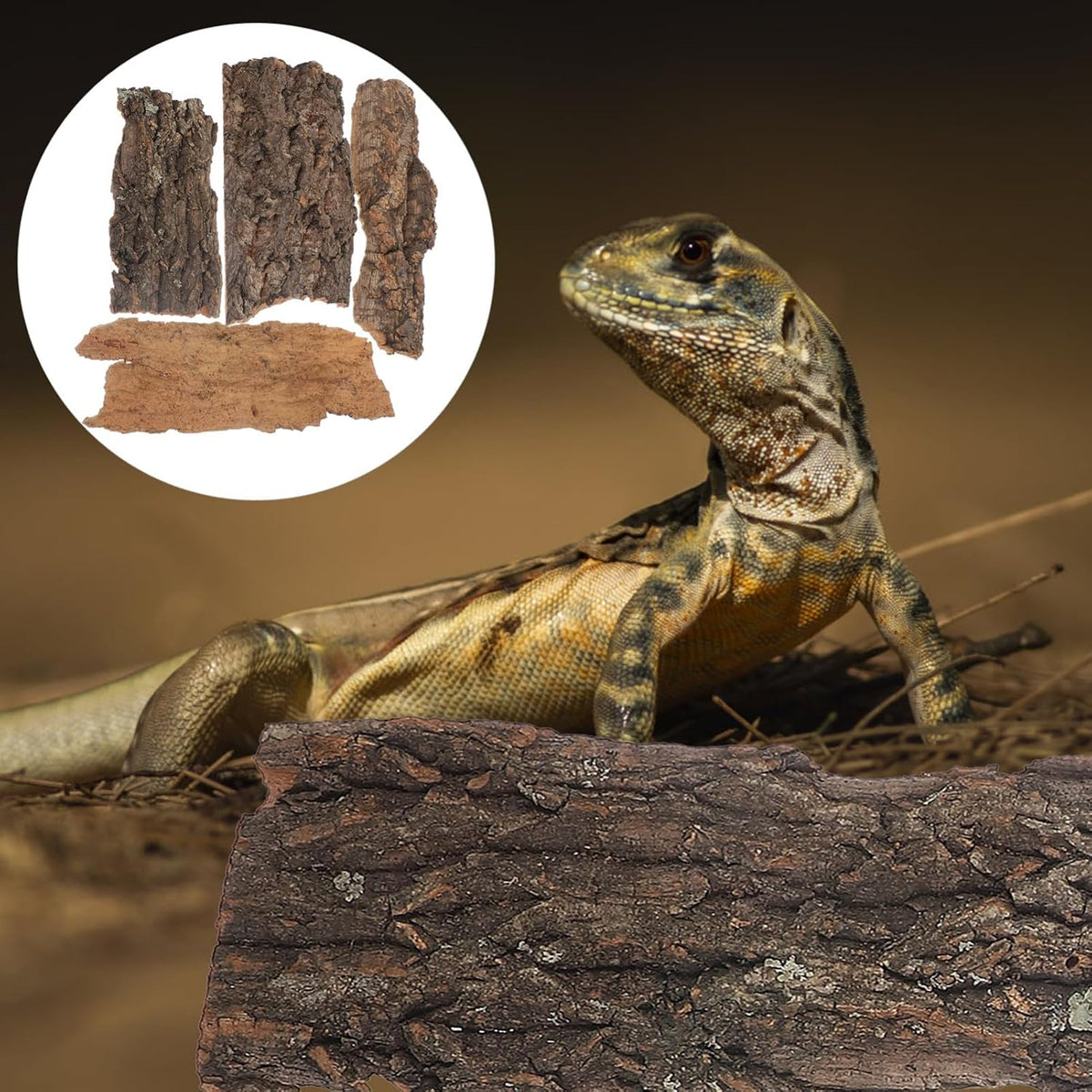 Close-up of the rough light brown texture of premium reptile cork substrate.