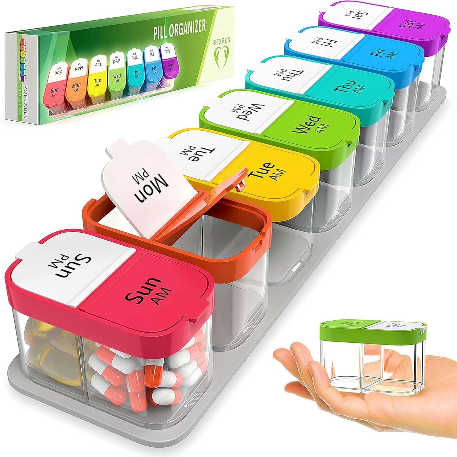 BEXEEN extra large weekly pill organizer front view showing colorful rainbow compartments.