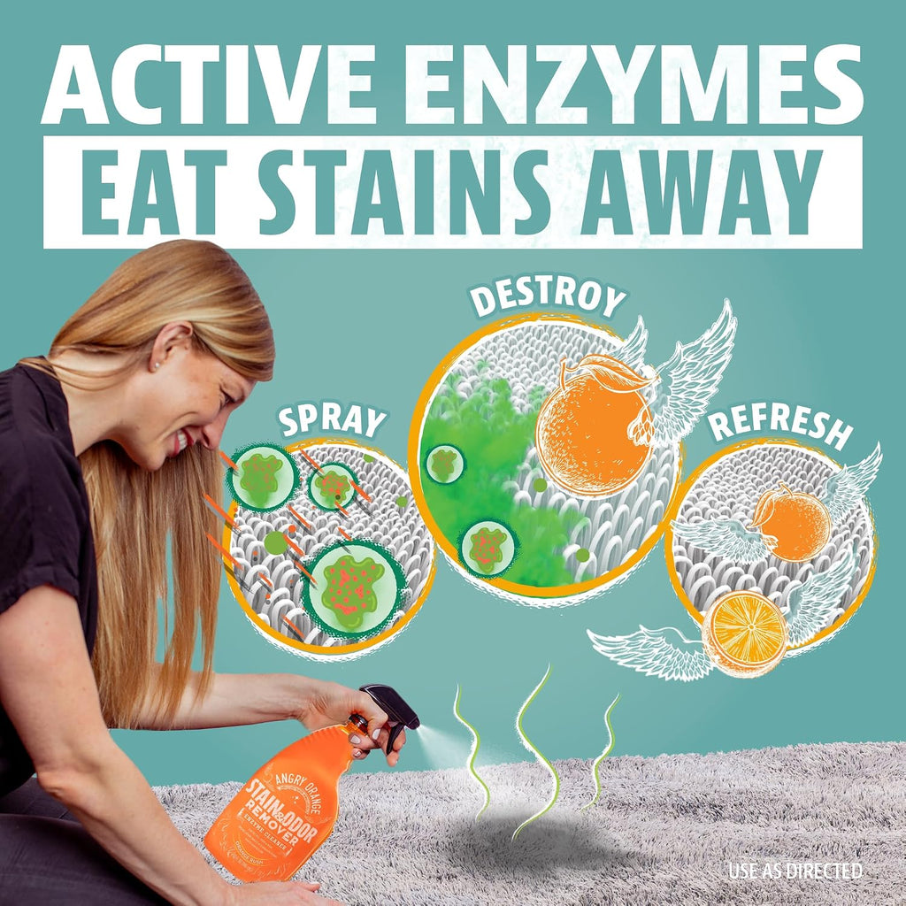 Angry Orange citrus scent pet deodorizer being used on a living room carpet