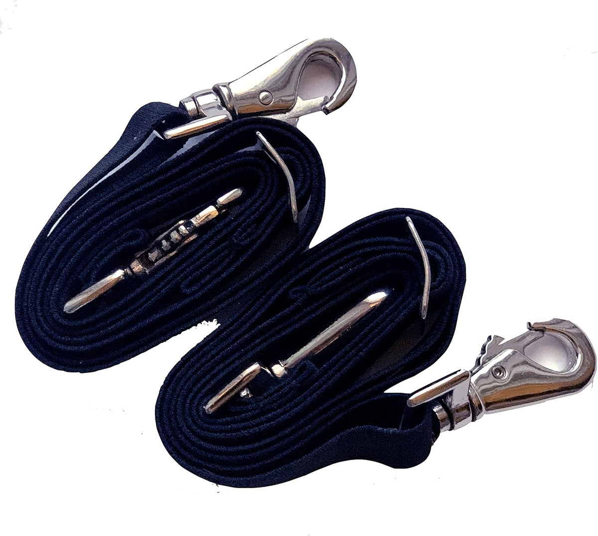 Majestic Ally pack of two navy blue elastic horse blanket leg straps demonstrating the adjustment buckle capability.
