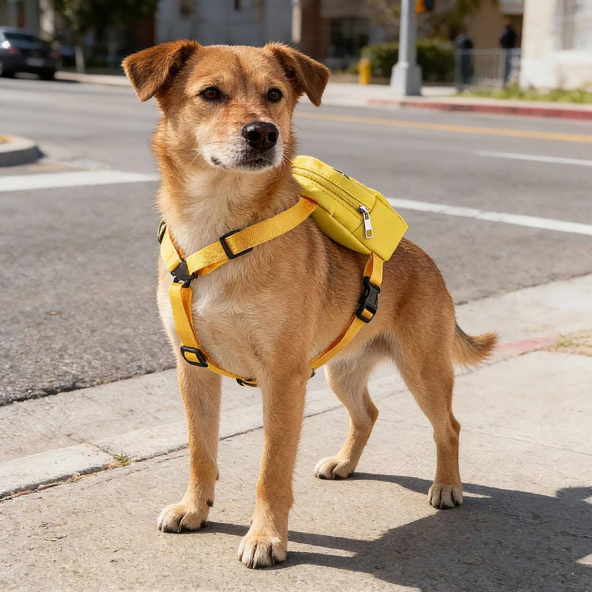 Vamsii pet me please yellow dog backpack harness side view on puppy