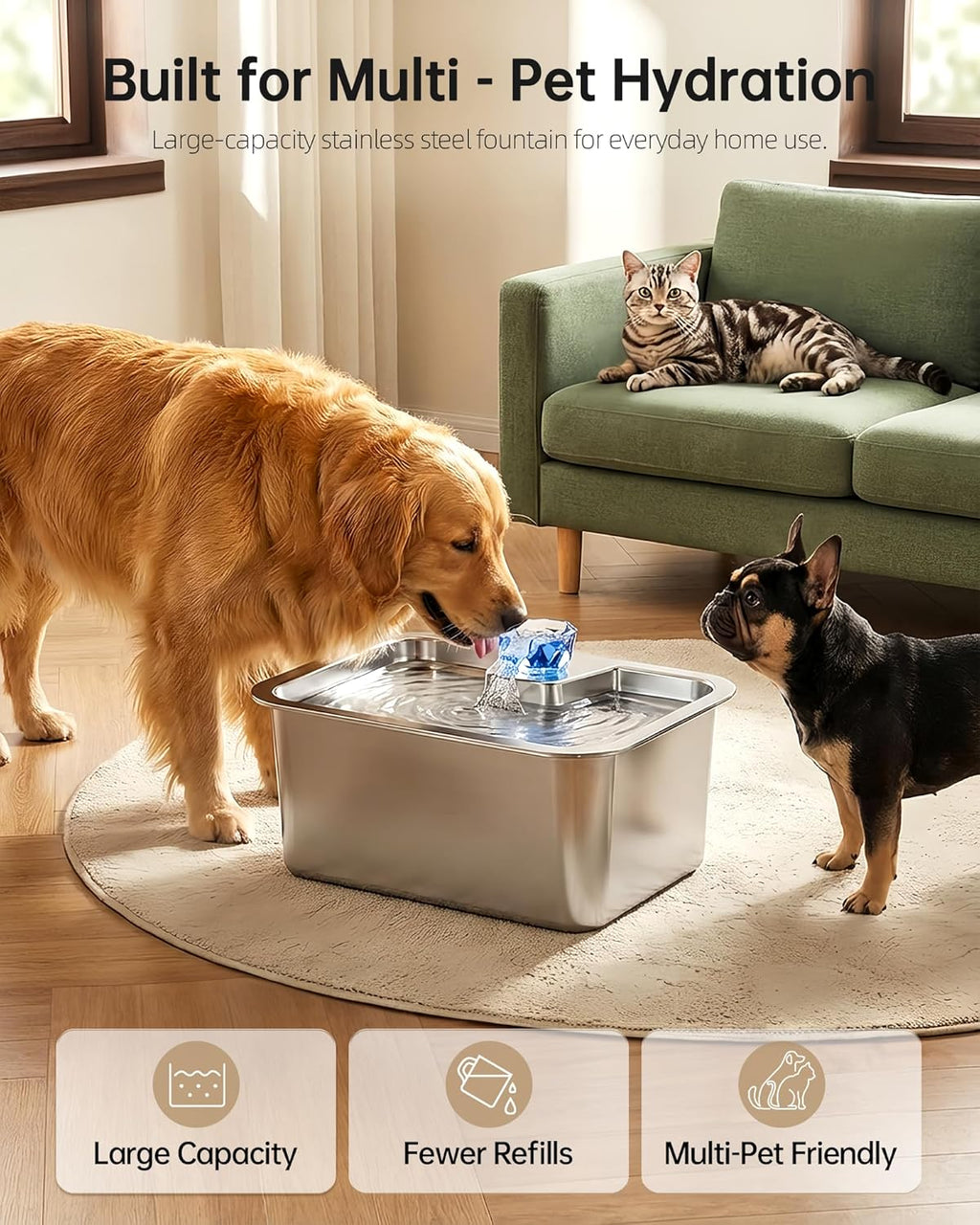 Large 11 liter pet water fountain stainless steel basin